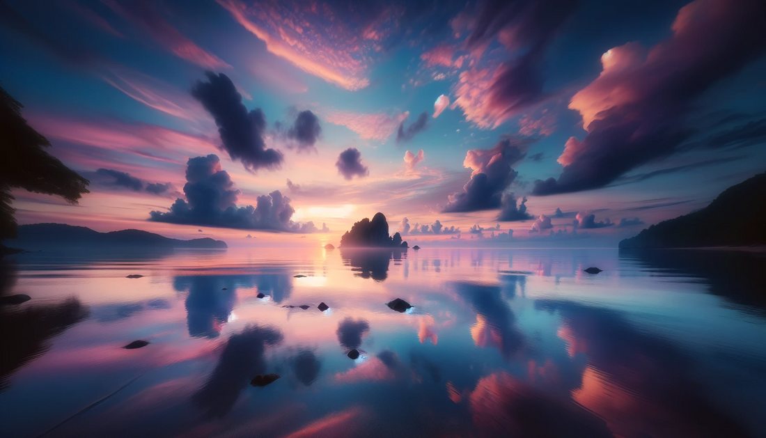 A tranquil seascape at dawn, the calm sea mirroring the pastel colors of the sky, a metaphor for the peaceful and gradual process of scar healing