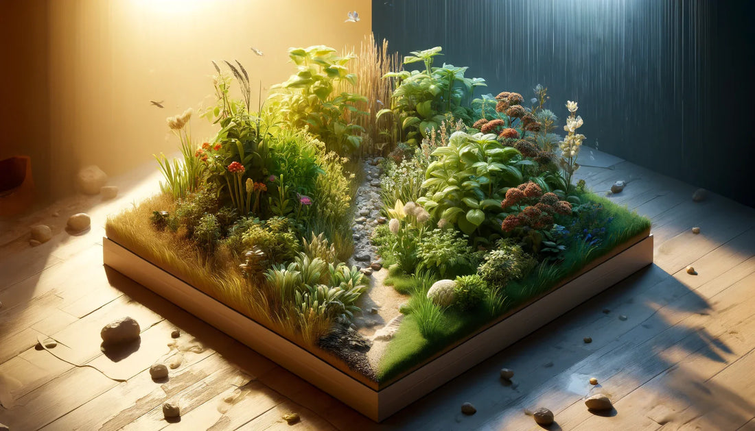 An image of a small garden with diverse plants thriving under varying weather conditions