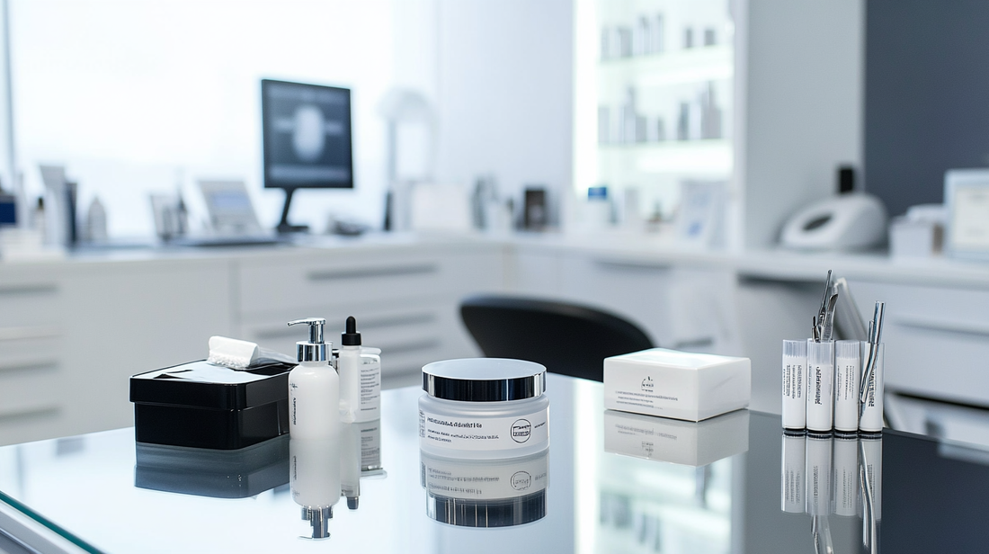Dermatologist’s workspace with silicone scar cream and professional tools