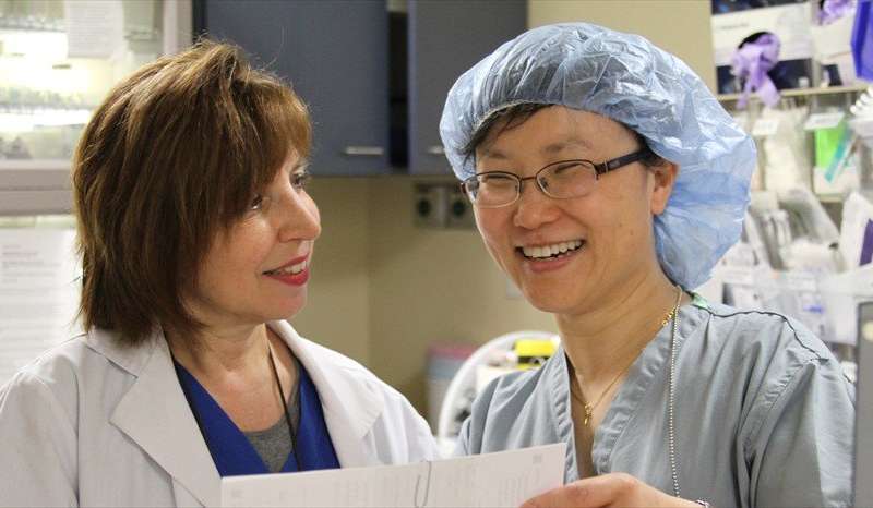 Nerve block nurse Lisa Mastrangello (on the left) with Jinlei Li, MD, an anesthesiologist, discuss a nerve block, which is a type of regional anesthesia