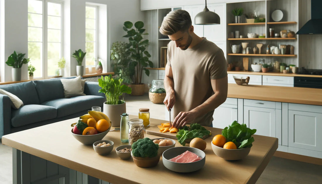 Person preparing a nutrient-rich meal in a modern kitchen for surgical recovery