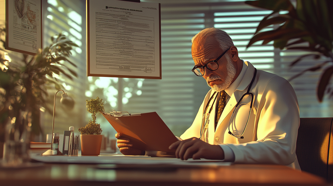 Professional surgeon reviewing medical credentials and certifications in modern office
