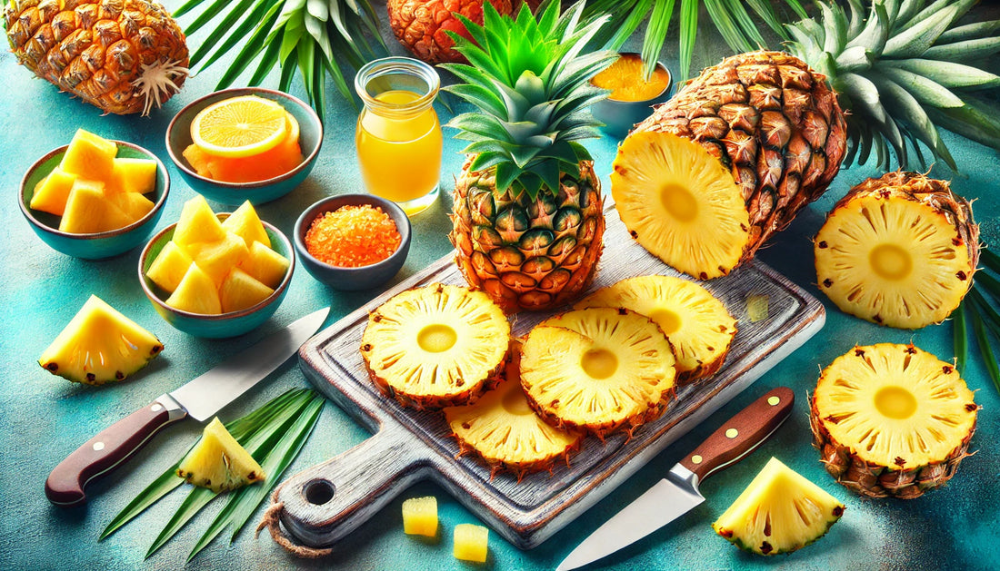 fresh pineapple slices and whole pineapples to represent bromelain.