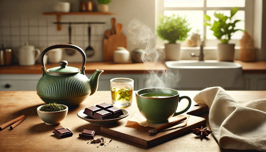 steaming cup of green tea and dark chocolate squares on a wooden table, highlighting benefits of antioxidants for BBL recovery.webp