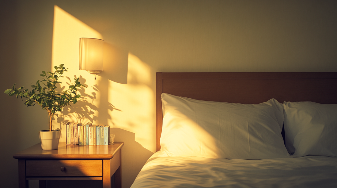 tranquil bedroom with bedside lamp and health books