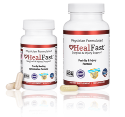 Two HealFast products: Pre-Op Healing Optimization Formula and Post-Op & Injury Formula with capsules in front.