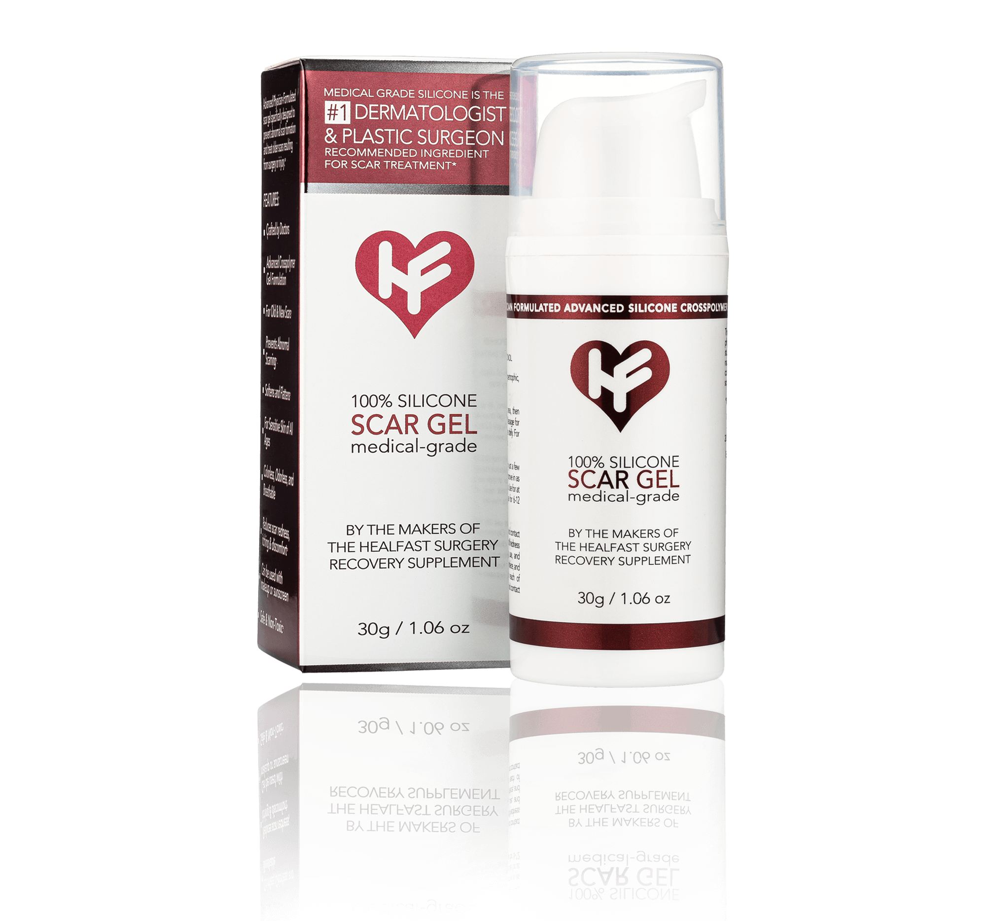 Medical-grade silicone scar gel in a pump bottle, 30g, for scar treatment.