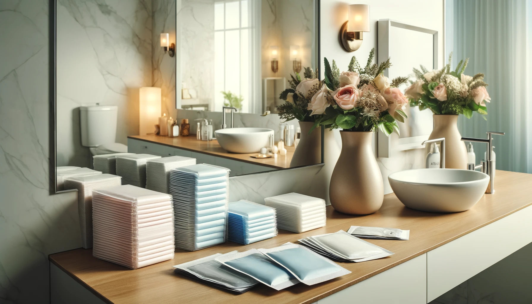 A clean, well-organized bathroom countertop featuring various silicone scar sheets in neat packaging, with bright lighting and a vase of fresh flowers