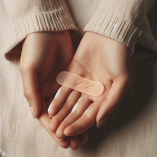  A close-up image of hands gently holding a silicone scar strip, positioned over a soft, neutral background