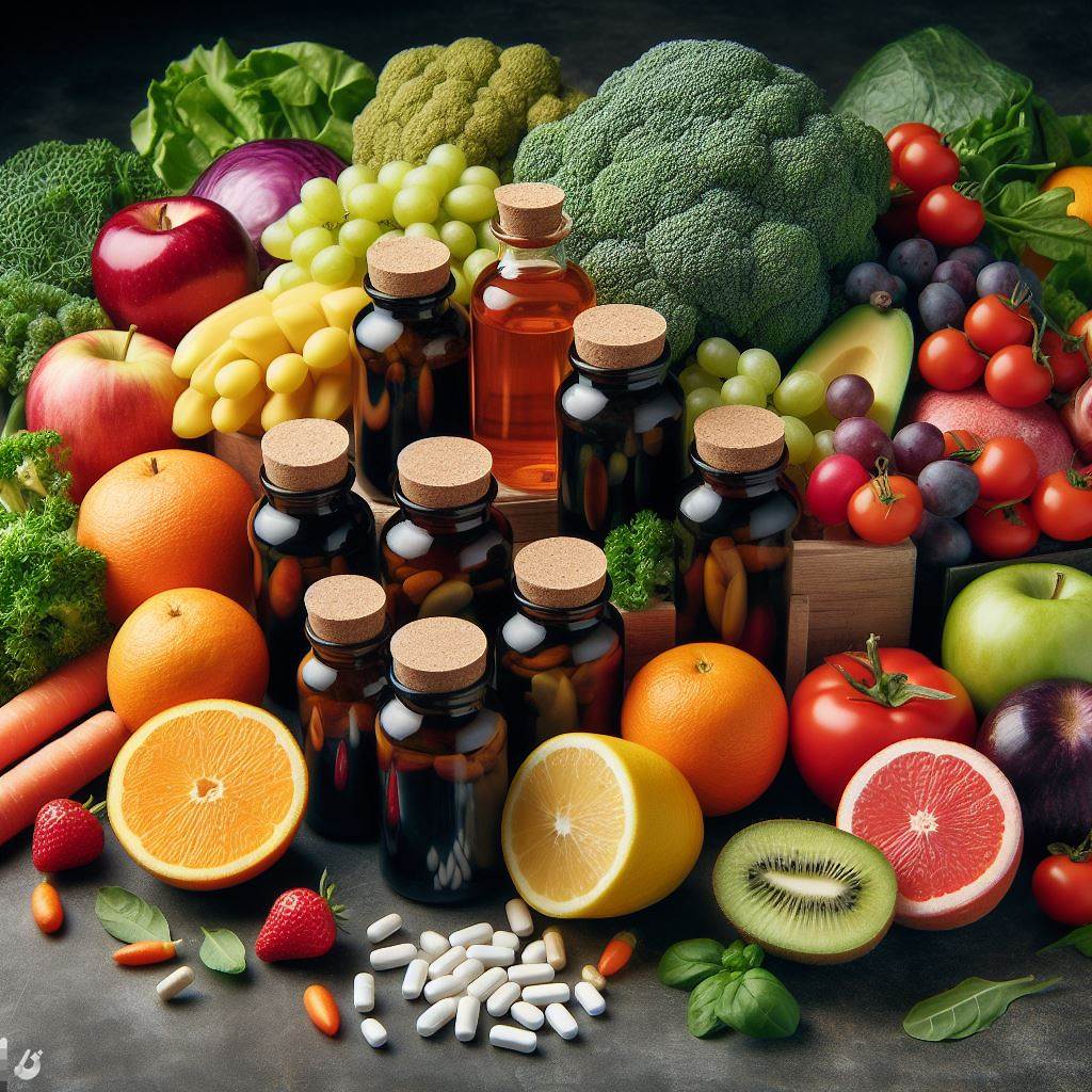 A collection of fresh fruits and vegetables rich in vitamins, along with bottles of vitamin supplements.