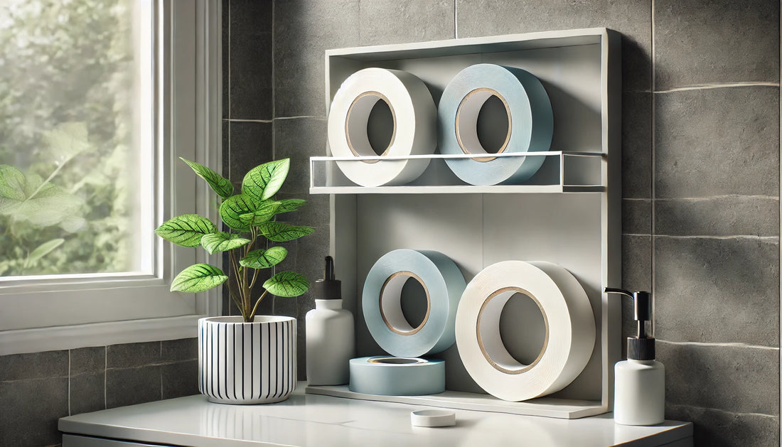 A modern bathroom shelf with a few silicone scar tape rolls neatly displayed.