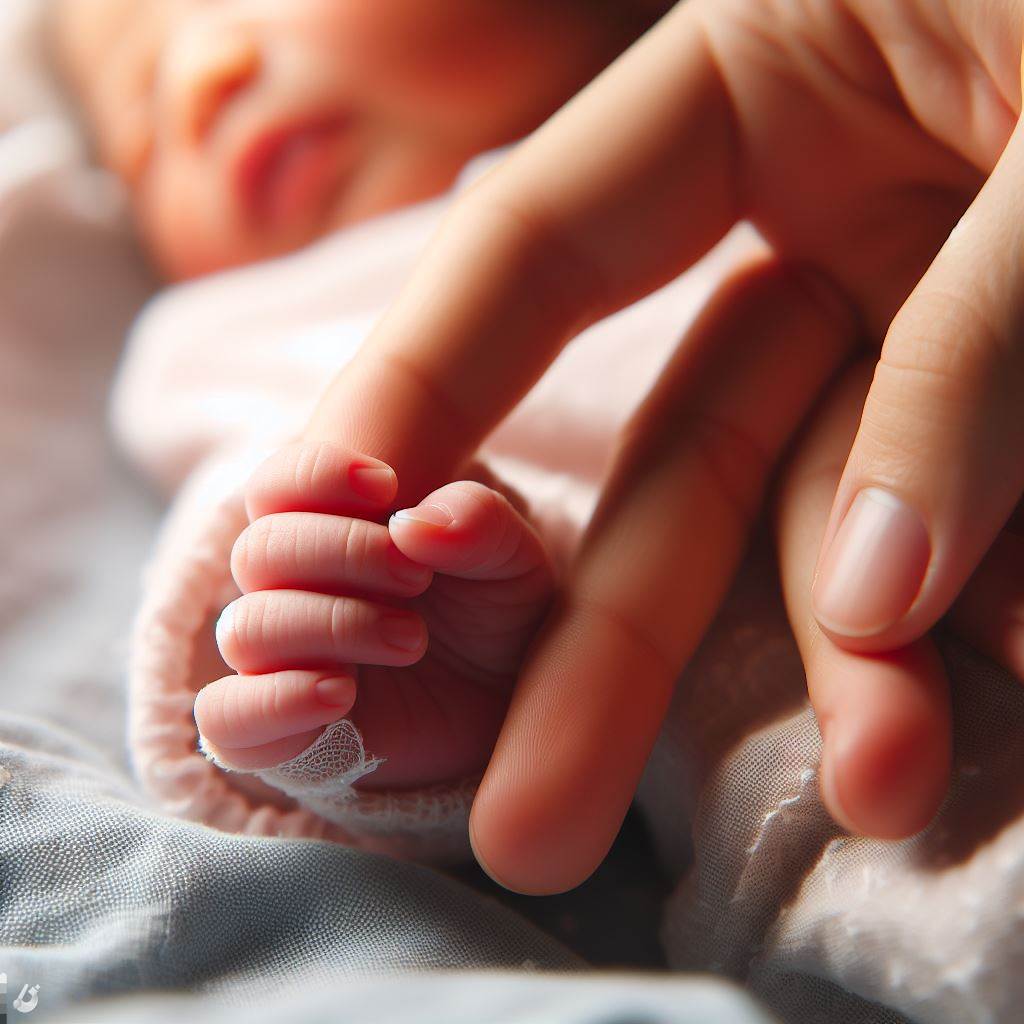 A newborn baby's hand holding a mother's finger, emphasizing the delicate nature of postpartum care.