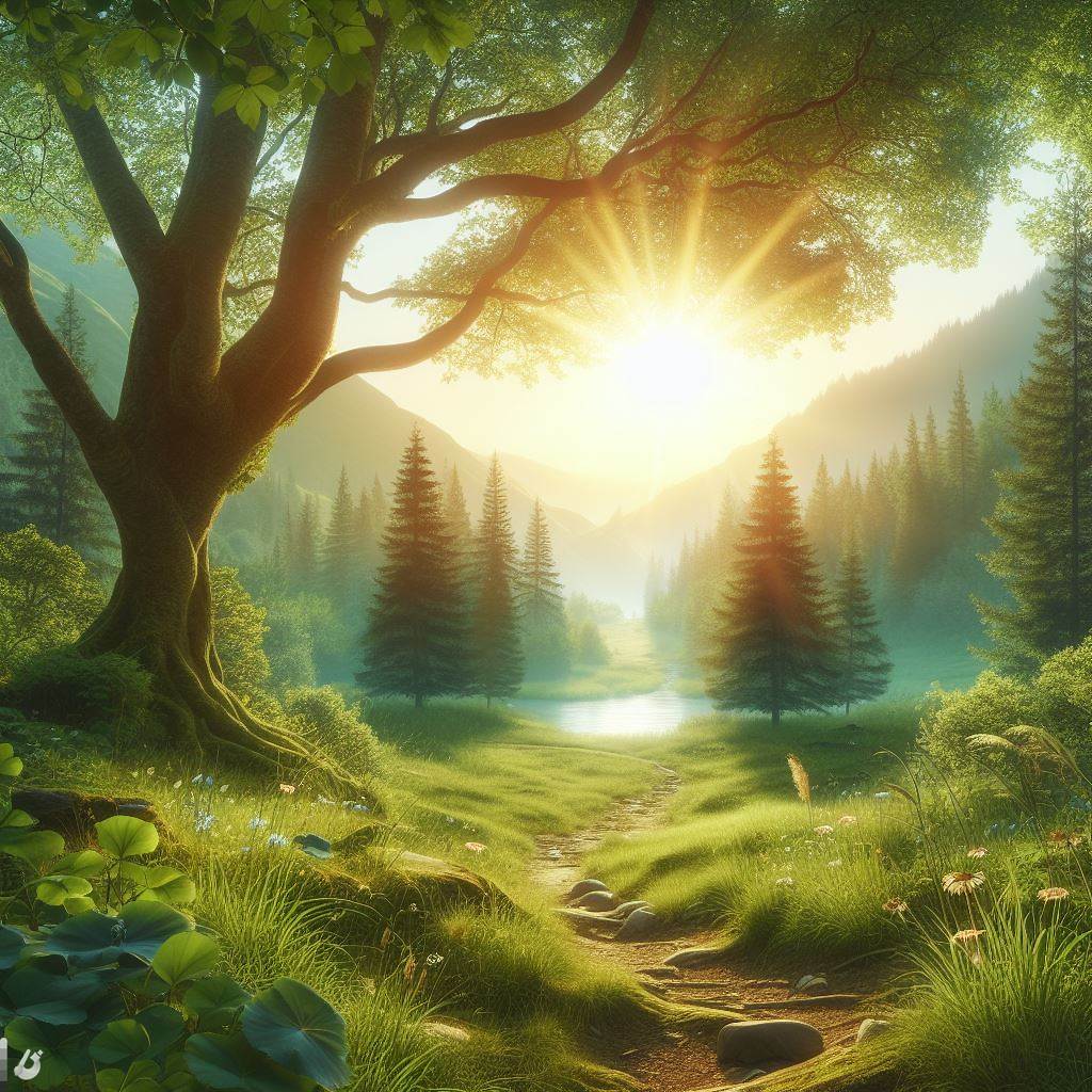 A peaceful, natural scene, such as a garden or meadow, symbolizing tranquility and the journey to clearer skin.