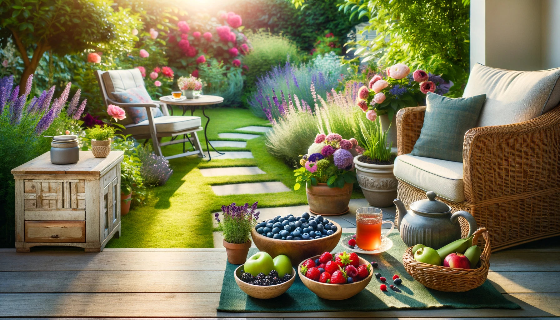 A serene garden patio with a comfortable seating area, a table with herbal teas, and bowls of antioxidant-rich fruits like blueberries, raspberries, and strawberries