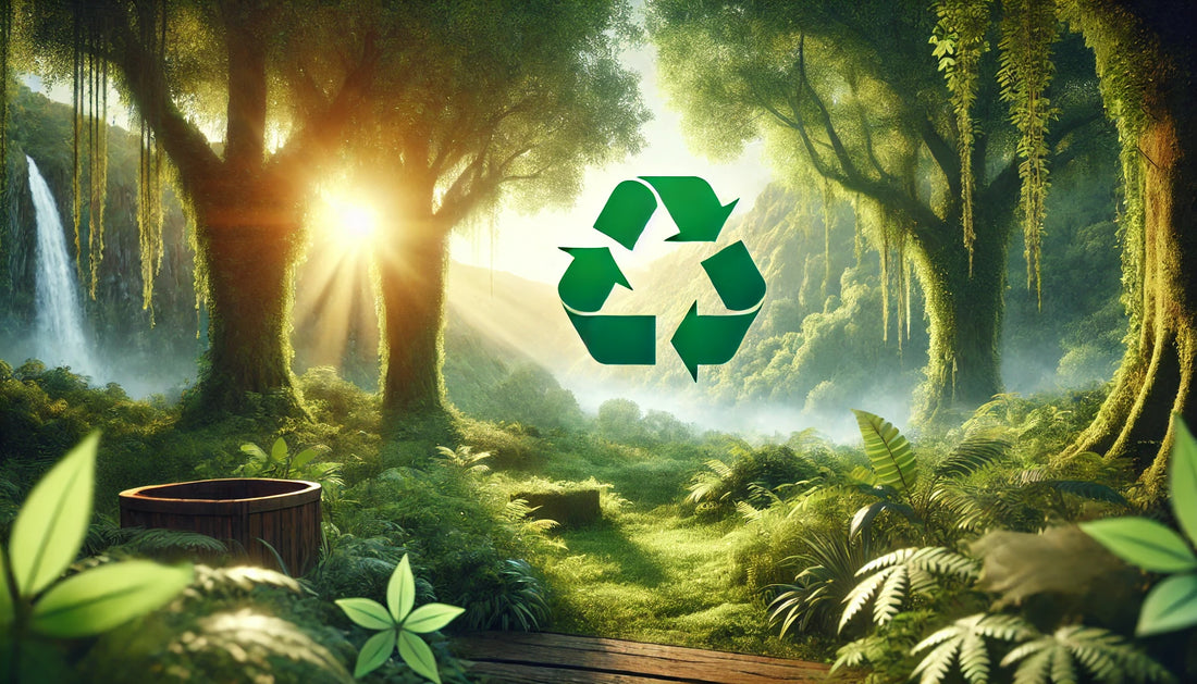 A serene natural setting with a focus on environmental safety, featuring lush greenery and a small recycling symbol subtly integrated into the scene.