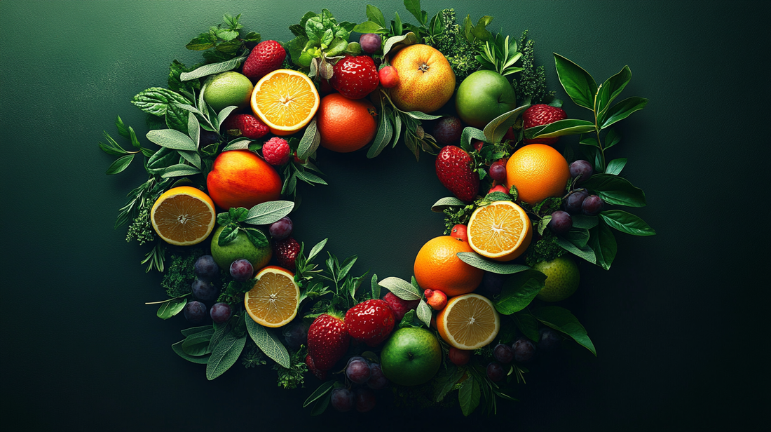 Colorful anti-inflammatory foods and supplements in circular arrangement