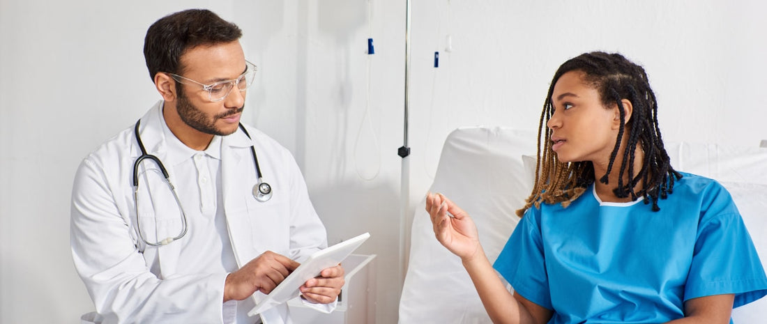 Doctor touching her head due to surgery recovery complications