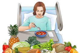 Female patient eating healthy food in hospital bed after surgery