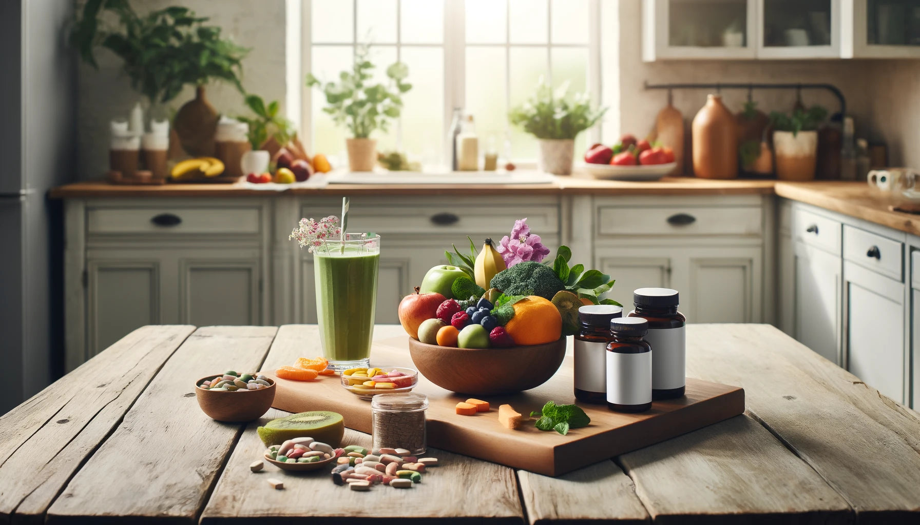 Healthy kitchen setup with nutritious foods and supplements for post-surgery recovery