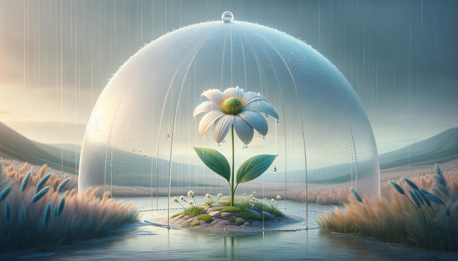 Protective dome covering a delicate flower under rain