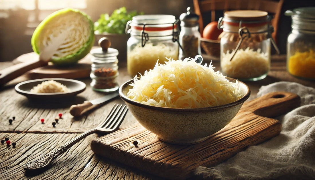 probiotics example: fresh sauerkraut in a bowl on a rustic table