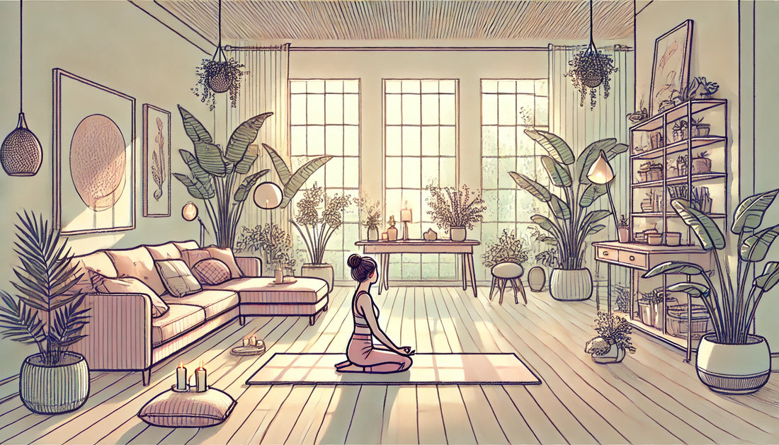  living room setting with a woman practicing yoga on a mat