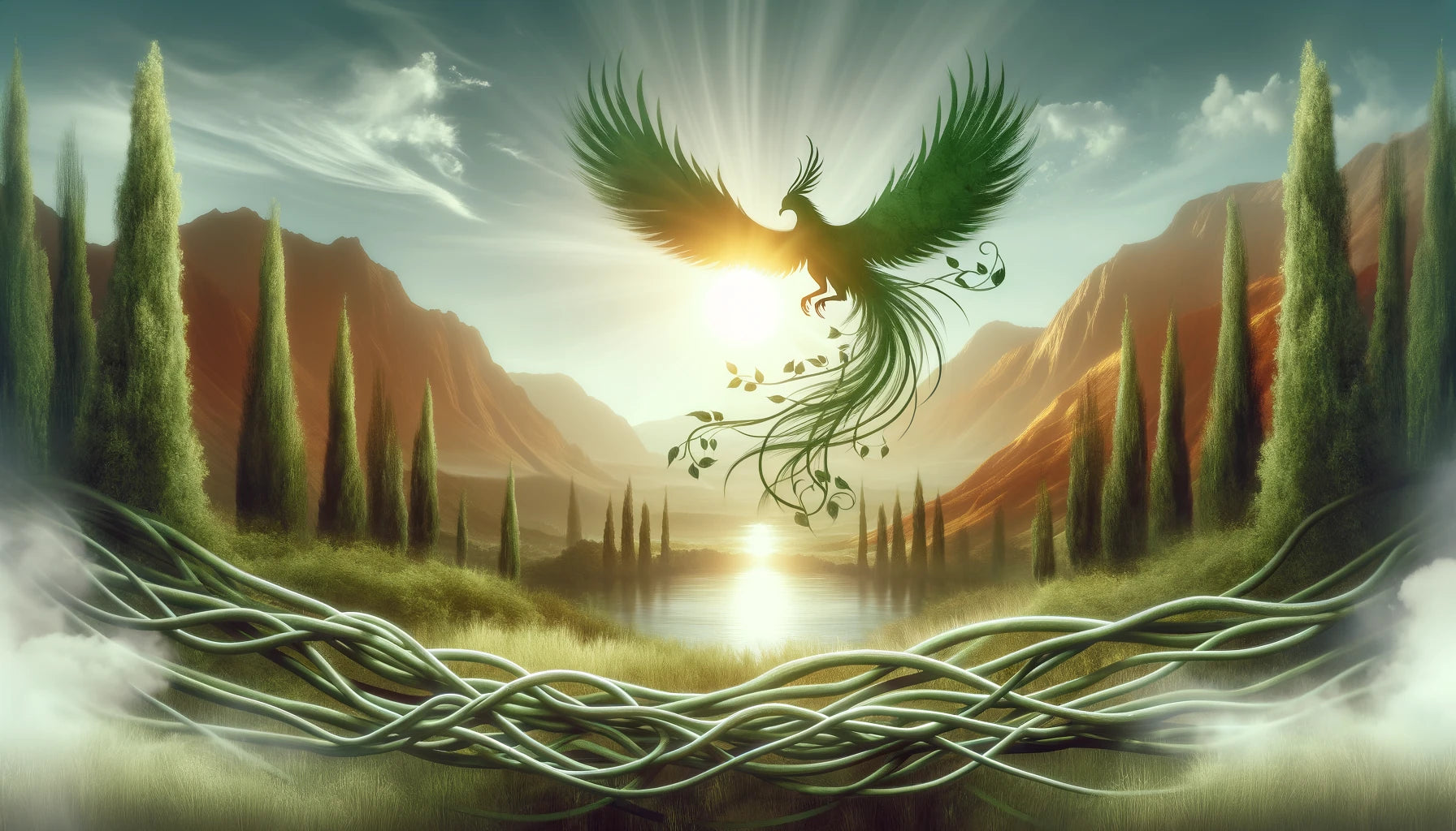 serene landscape depicting healing process with phoenix