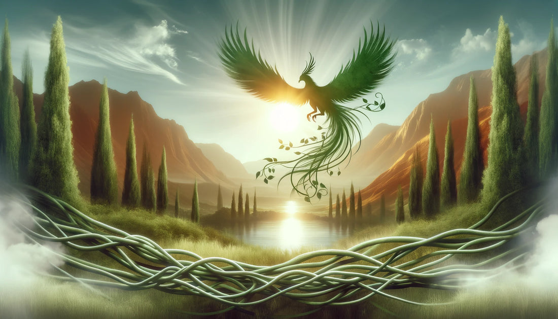 serene landscape depicting healing process with phoenix