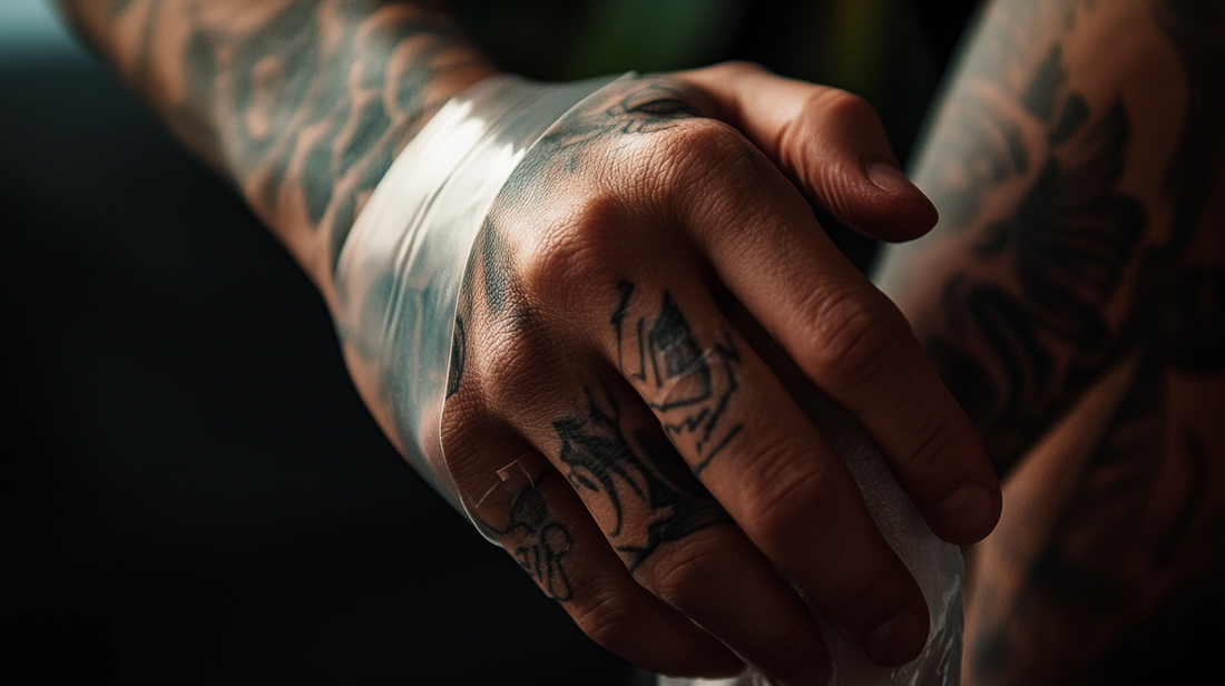 Close-up of silicone sheet application on healing tattooed skin
