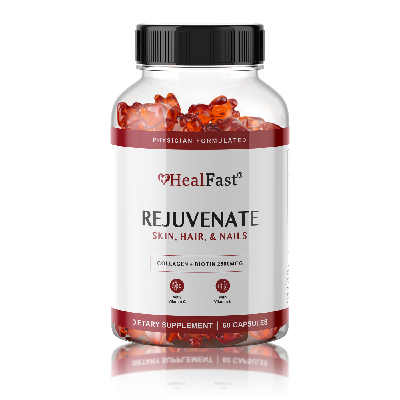 HealFast Rejuvenate Skin, Hair, and Nails dietary supplement bottle with collagen and biotin