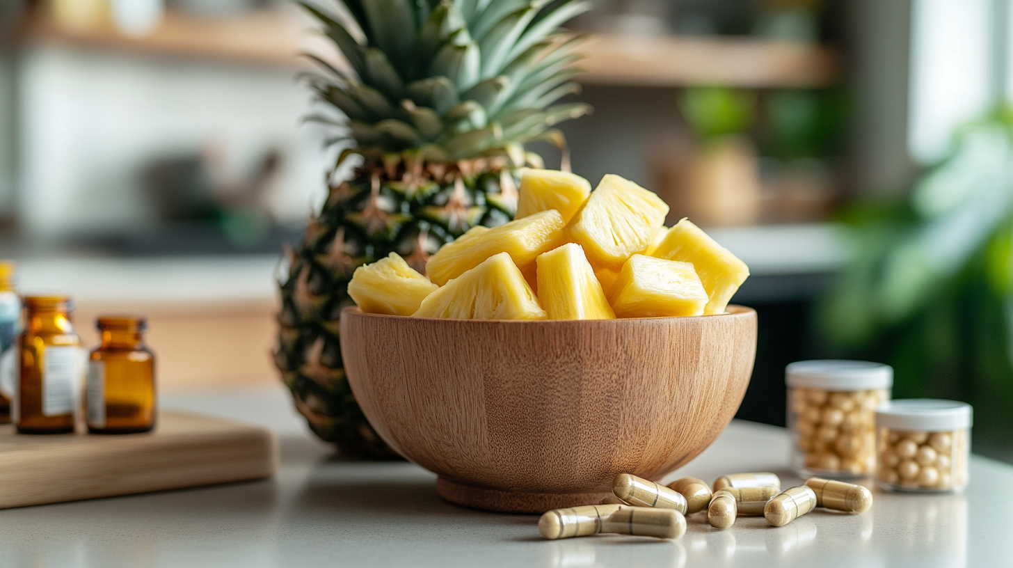 Bowl of pineapples and supplements like bromelain glutamine and arginine on a kitchen counter