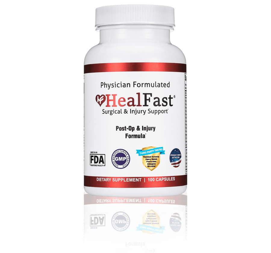 HealFast Surgical & Injury Recovery Formula bottle with labels and dosage information